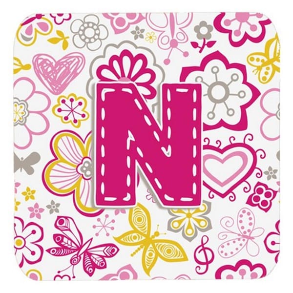 Carolines Treasures Letter N Flowers And Butterflies Pink Foam Coasters- Set of 4 - CJ2005-NFC