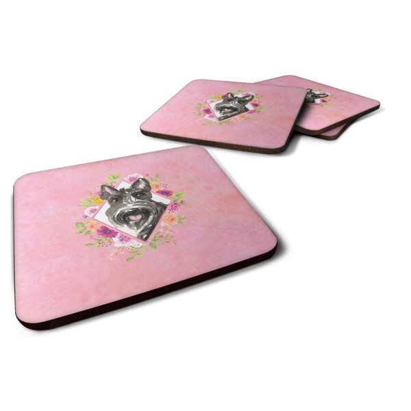 Carolines Treasures 3.5 x 3.5 in. Scottish Terrier Pink Flowers Foam Coaster, 4PK - CK4214FC