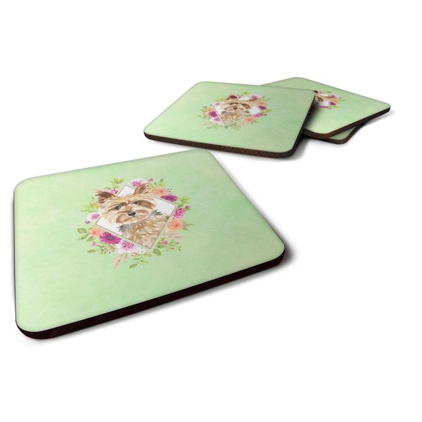 Carolines Treasures 3.5 x 3.5 in. Yorkie Green Flowers Foam Coaster, 4PK - CK4357FC