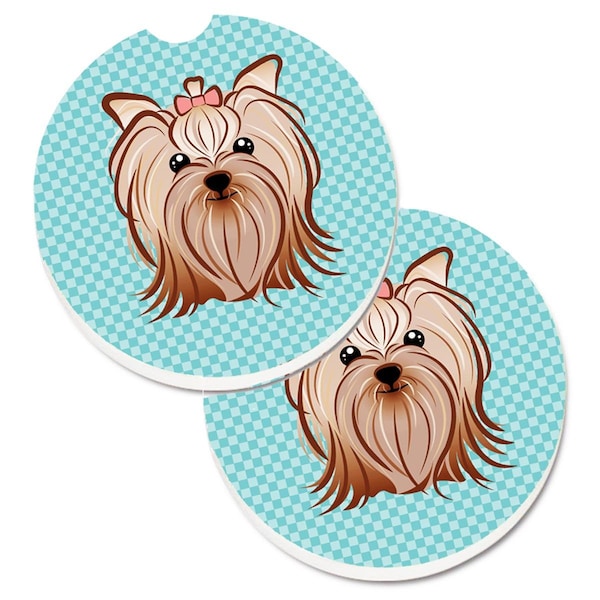 Carolines Treasures Checkerboard Blue Yorkie Yorkishire Terrier Cup Holder Car Coaster, 2PK - BB1142CARC