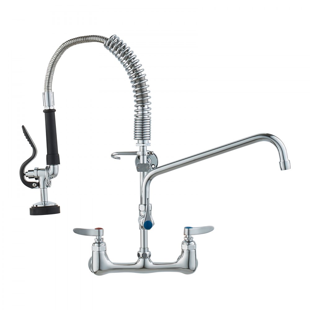 VEVOR Commercial Faucet with Pre-Rinse Sprayer, 21" Height, 8" Center, 12" Swing Spout, Wall Mount Kitchen Sink Faucet, Brass Constructed Device with Pull Down Spray, for 1/2/3 Compartment Sink - BGSYCXSLTBGS9X3ACV0