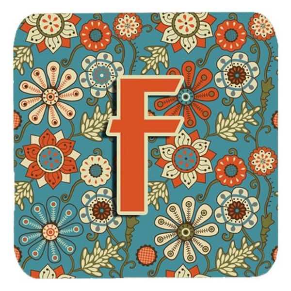 Carolines Treasures Letter F Flowers Retro Blue Foam Coasters- Set of 4 - CJ2012-FFC