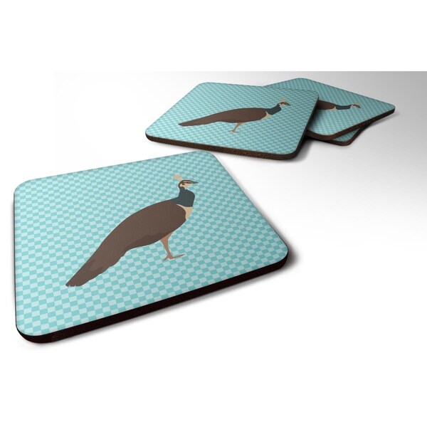 Carolines Treasures Indian Peahen Peafowl Blue Check Foam Coaster, Set of 4 - BB8101FC