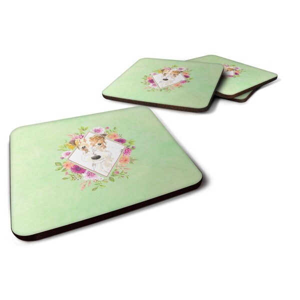 Carolines Treasures 3.5 x 3.5 in. Fox Terrier Green Flowers Foam Coaster, 4PK - CK4359FC
