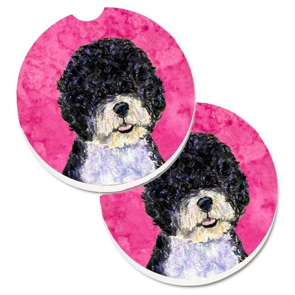 Carolines Treasures Carolines Treasures SS4766-PKCARC Pink Portuguese Water Dog Set of 2 Cup Holder Car Coaster - SS4766-PKCARC
