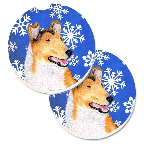 Carolines Treasures Collie Smooth Winter Snowflakes Holiday Cup Holder Car Coaster, 2PK - SS4608CARC