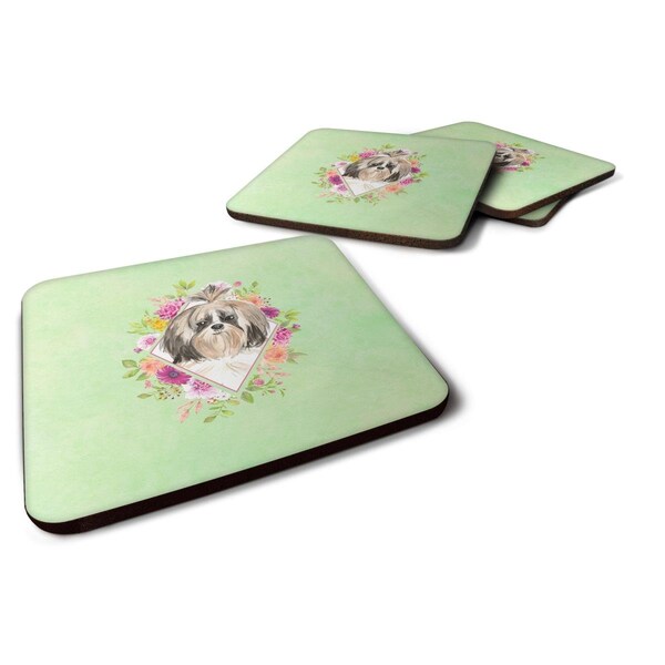 Carolines Treasures 3.5 x 3.5 in. Shih Tzu Green Flowers Foam Coaster, 4PK - CK4372FC
