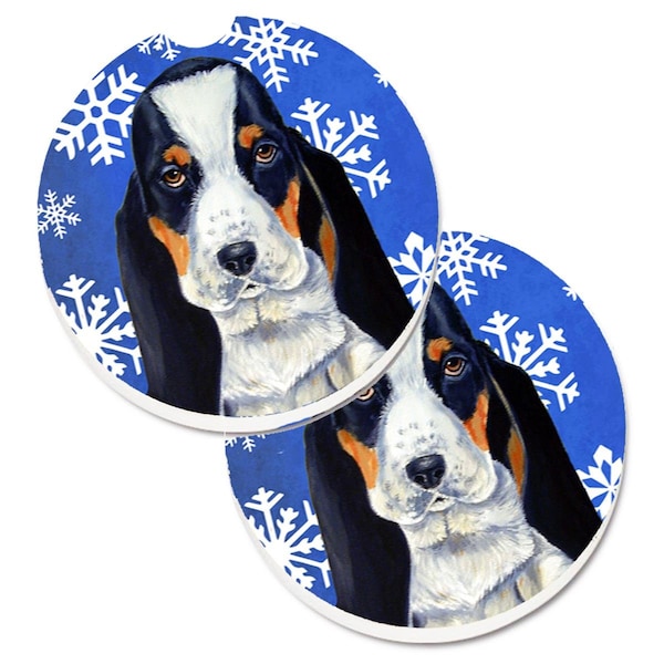 Carolines Treasures Basset Hound Winter Snowflakes Holiday Cup Holder Car Coaster, 2PK - LH9284CARC