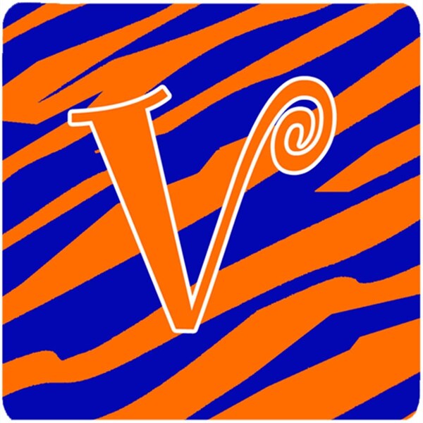 Carolines Treasures Monogram - Tiger Stripe Blue And Orange Foam Coasters, Initial Letter V, 4PK - CJ1036-VFC