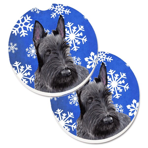 Carolines Treasures Scottish Terrier Winter Snowflakes Holiday Cup Holder Car Coaster, 2PK - SC9386CARC