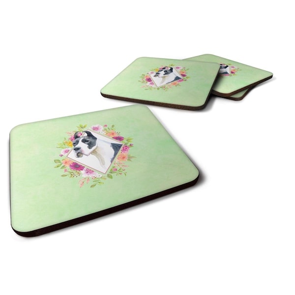 Carolines Treasures 3.5 x 3.5 in. Great Dane Green Flowers Foam Coaster, 4PK - CK4310FC