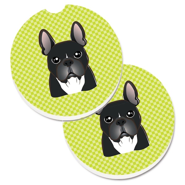 Carolines Treasures Checkerboard Lime Green French Bulldog Cup Holder Car Coaster, 2PK - BB1289CARC