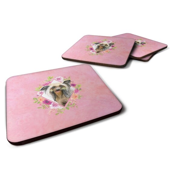 Carolines Treasures 3.5 x 3.5 in. Chinese Crested Pink Flowers Foam Coaster, 4PK - CK4130FC