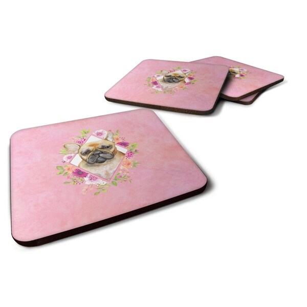 Carolines Treasures 3.5 x 3.5 in. Fawn French Bulldog Pink Flowers Foam Coaster, 4PK - CK4144FC