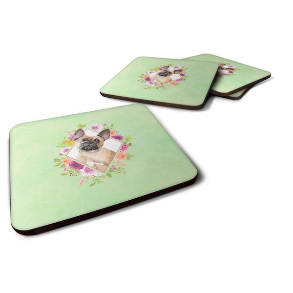 Carolines Treasures 3.5 x 3.5 in. Fawn French Bulldog Green Flowers Foam Coaster, 4PK - CK4398FC