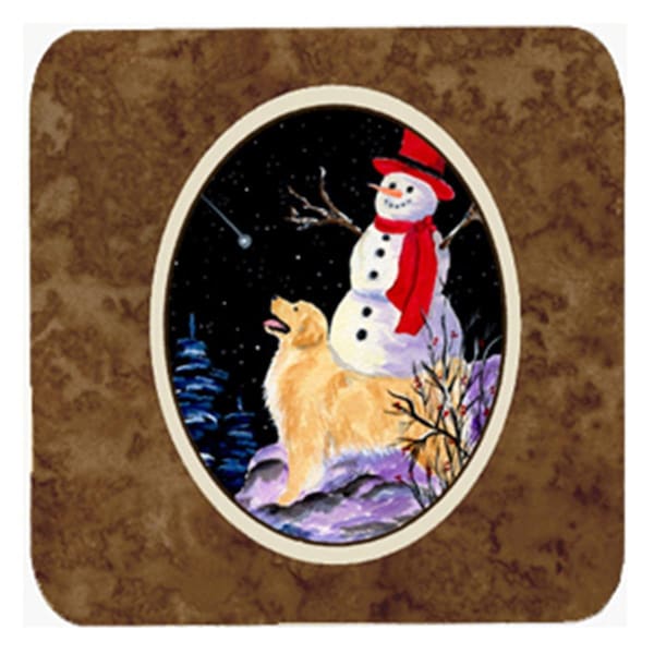 Carolines Treasures Golden Retriever With Snowman In Red Hat Foam Coasters- Set of 4 - SS8579FC
