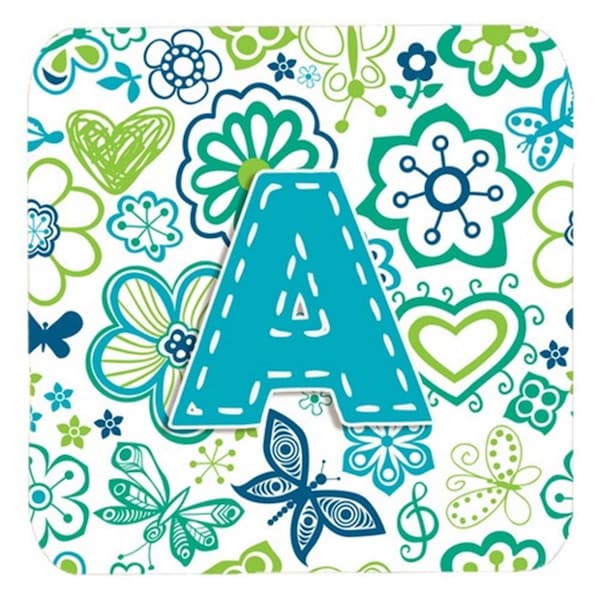 Carolines Treasures Letter A Flowers And Butterflies Teal Blue Foam Coasters- Set of 4 - CJ2006-AFC