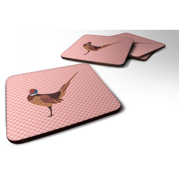 Carolines Treasures Ring-necked Common Pheasant Pink Check Foam Coaster, Set of 4 - BB7930FC