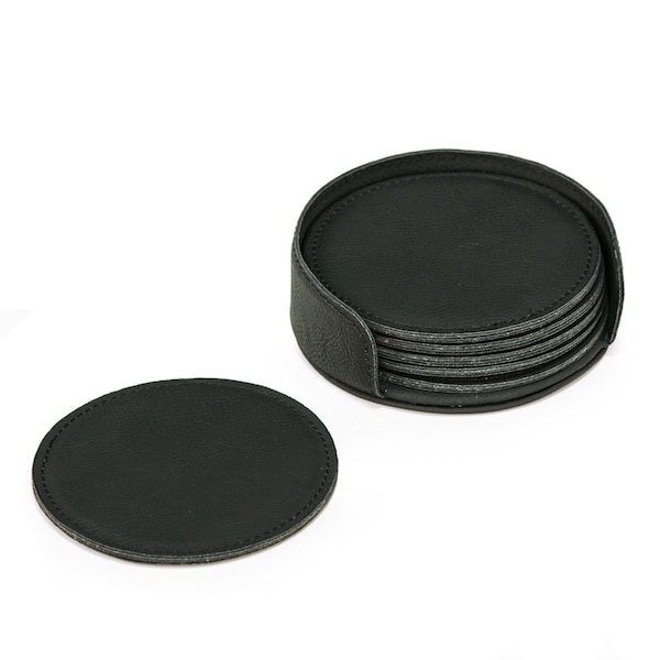 Bey Berk International Bey-Berk International  Leatherette 6 Coaster Set with Holder - Black - UC115B