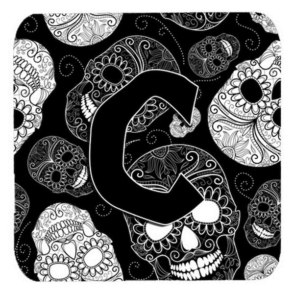 Carolines Treasures Letter C Day Of The Dead Skulls Black Foam Coasters- Set of 4 - CJ2008-CFC