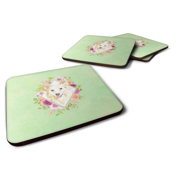 Carolines Treasures 3.5 x 3.5 in. White Collie Green Flowers Foam Coaster, 4PK - CK4361FC