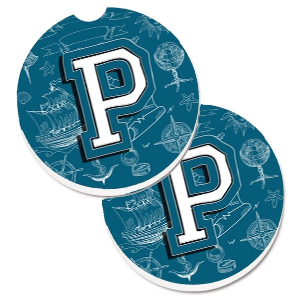 Carolines Treasures Letter P Sea Doodles Initial Alphabet Cup Holder Car Coaster, 2PK - CJ2014-PCARC