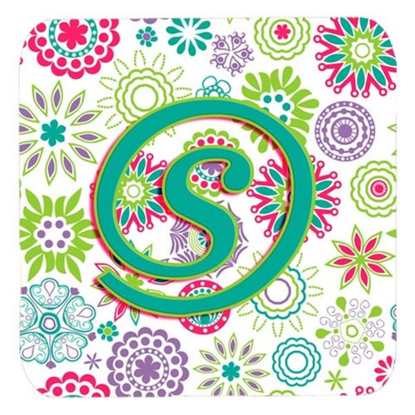 Carolines Treasures Letter S Flowers Pink Teal Green Initial Foam Coasters- Set of 4 - CJ2011-SFC
