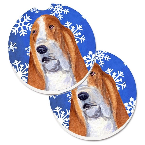 Carolines Treasures Basset Hound Winter Snowflakes Holiday Cup Holder Car Coaster, 2PK - SS4666CARC