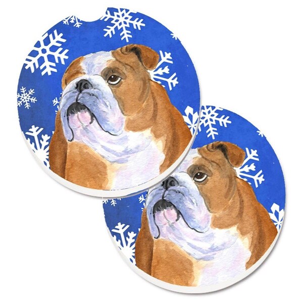 Carolines Treasures Bulldog English Winter Snowflakes Holiday Cup Holder Car Coaster, 2PK - SS4629CARC