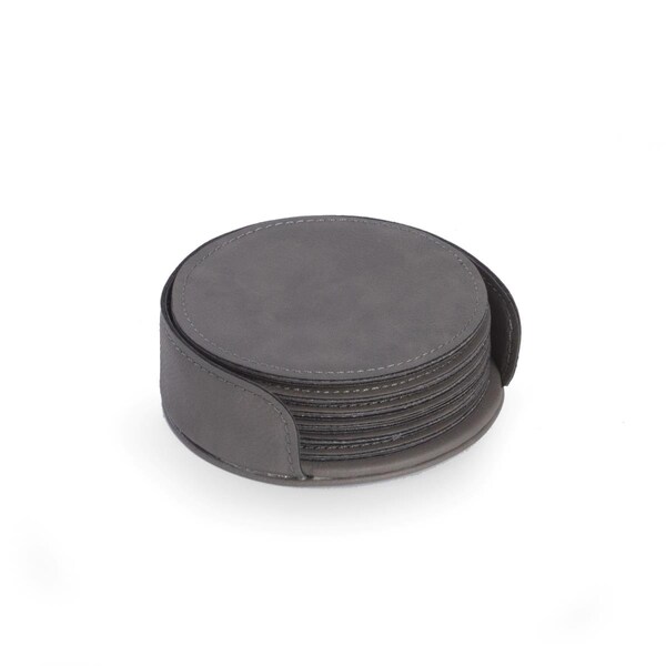 Bey Berk International Bey-Berk International  6 Coaster Set with Holder in Vintage Leatherette, Grey - UC115G