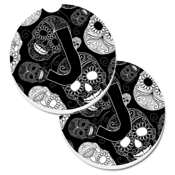 Carolines Treasures Letter J Day of the Dead Skulls Black Cup Holder Car Coaster, 2PK - CJ2008-JCARC