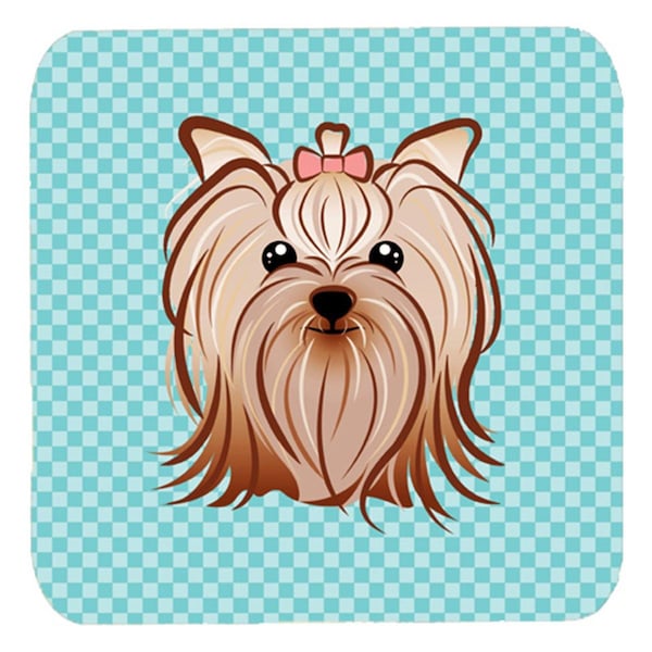 Carolines Treasures 3.5 x 3.5 In. Checkerboard Blue Yorkie Yorkishire Terrier Foam Coasters, 4PK - BB1142FC