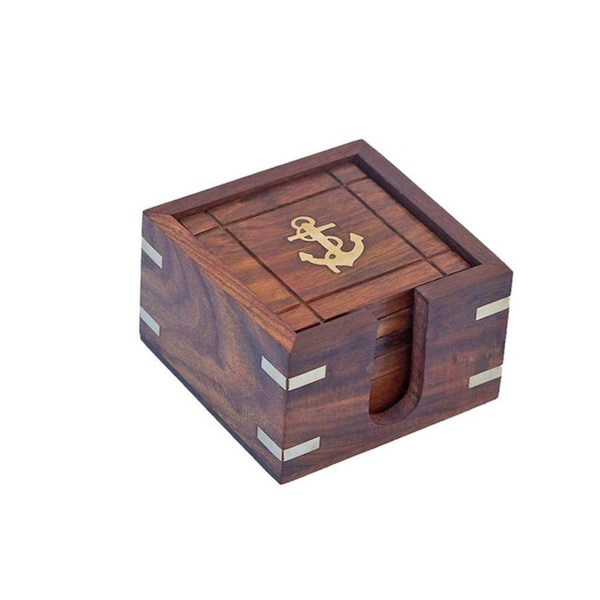 Handcrafted Decor Wooden Anchor Coasters with Rosewood Holder- 3 in., 6PK - WN-0129