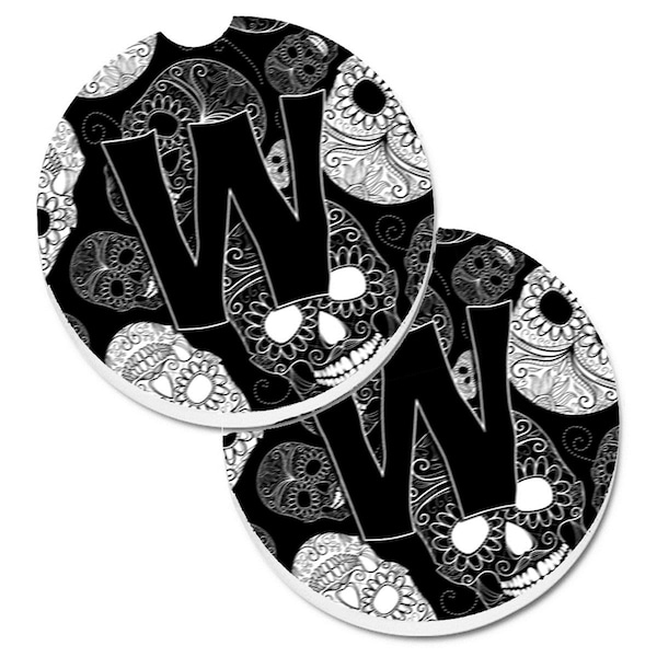 Carolines Treasures Letter W Day of the Dead Skulls Black Cup Holder Car Coaster, 2PK - CJ2008-WCARC