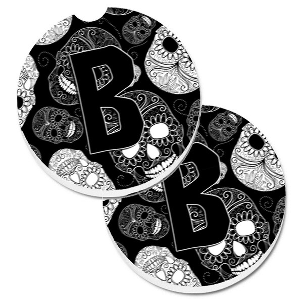Carolines Treasures Letter B Day of the Dead Skulls Black Cup Holder Car Coaster, 2PK - CJ2008-BCARC