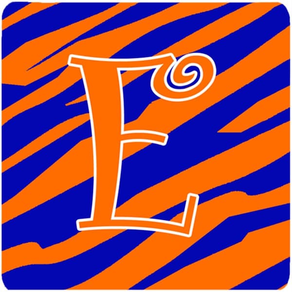 Carolines Treasures 3.5 x 3.5 in. Monogram Tiger Stripe Blue and Orange Foam Coasters Initial Letter E, 4PK - CJ1036-EFC