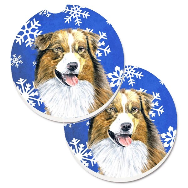 Carolines Treasures Australian Shepherd Winter Snowflakes Holiday Cup Holder Car Coaster, 2PK - SC9397CARC