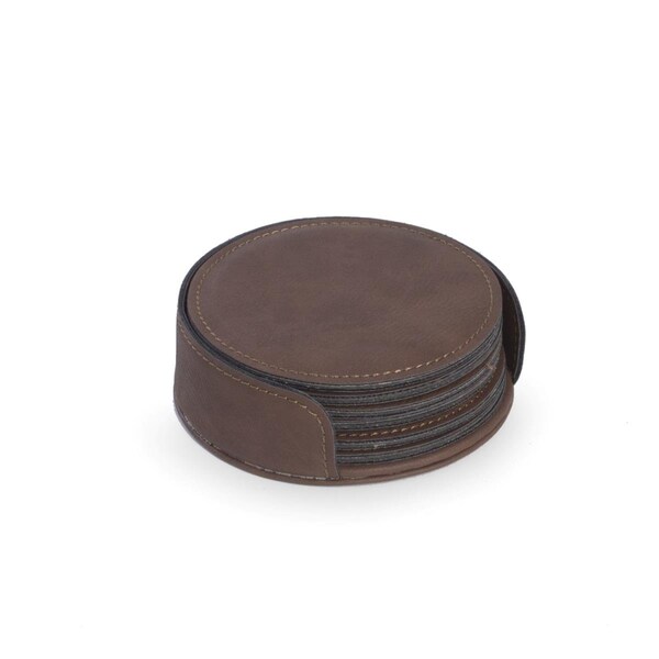 Bey Berk International Bey-Berk International  6 Coaster Set with Holder in Vintage Rustic Brown - UC115N