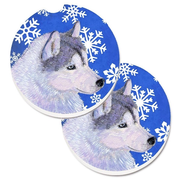 Carolines Treasures Siberian Husky Winter Snowflakes Holiday Cup Holder Car Coaster, 2PK - SS4602CARC