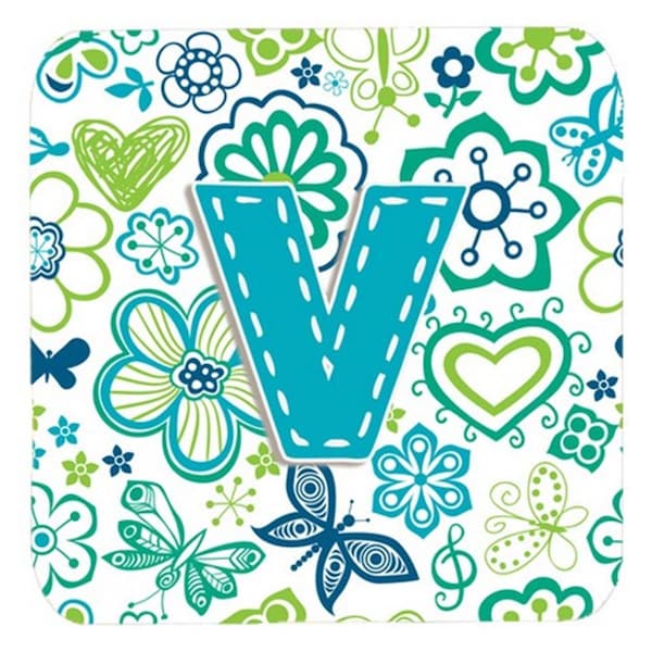 Carolines Treasures Letter V Flowers And Butterflies Teal Blue Foam Coasters- Set of 4 - CJ2006-VFC