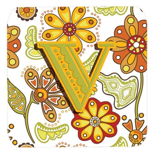 Carolines Treasures Letter V Floral Mustard And Green Foam Coasters- Set of 4 - CJ2003-VFC
