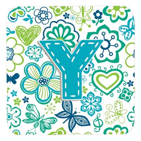 Carolines Treasures Letter Y Flowers And Butterflies Teal Blue Foam Coasters- Set of 4 - CJ2006-YFC