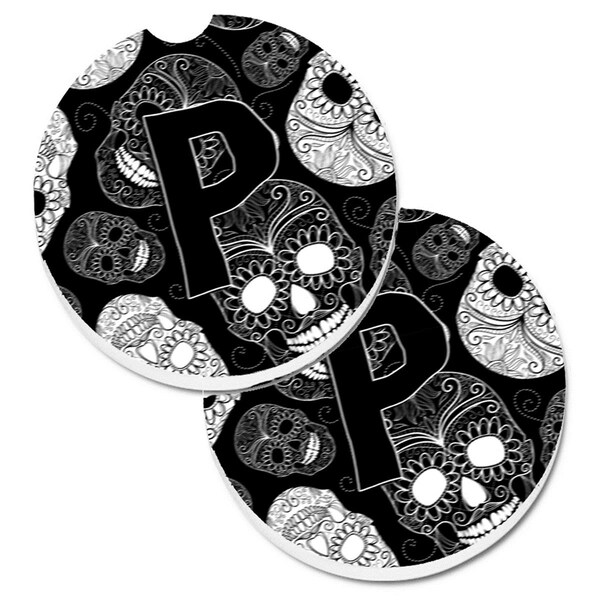 Carolines Treasures Letter P Day of the Dead Skulls Black Cup Holder Car Coaster, 2PK - CJ2008-PCARC