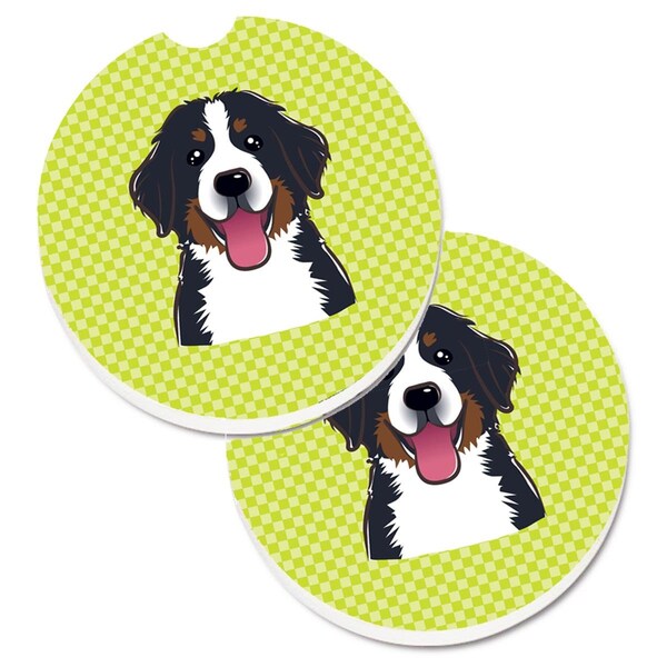 Carolines Treasures Checkerboard Lime Green Bernese Mountain Dog Cup Holder Car Coaster, 2PK - BB1299CARC