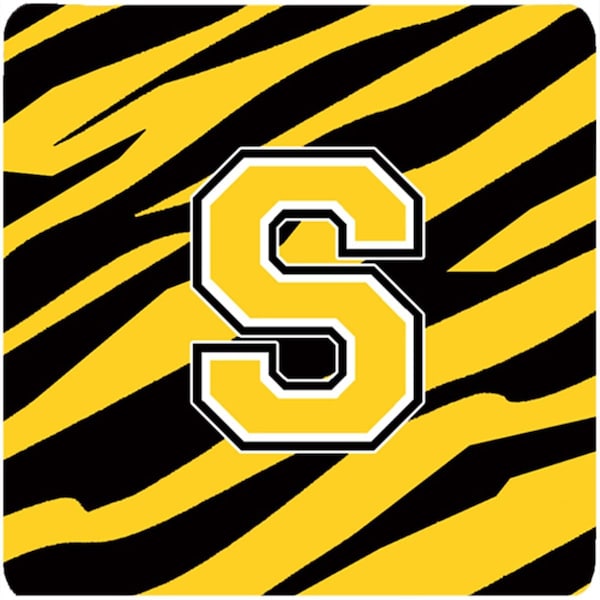 Carolines Treasures Monogram - Tiger Stripe - Black Gold Foam Coasters- Initial Letter S, 3.5 x 3.5 in., 4PK - CJ1026-SFC