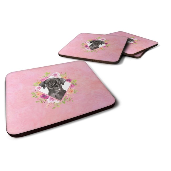 Carolines Treasures 3.5 x 3.5 in. Black Labrador Pink Flowers Foam Coaster, 4PK - CK4261FC