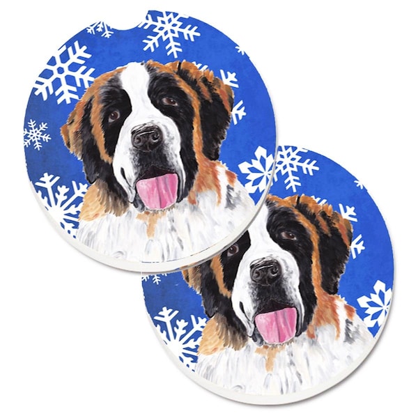 Carolines Treasures Saint Bernard Winter Snowflakes Holiday Cup Holder Car Coaster, 2PK - SC9382CARC