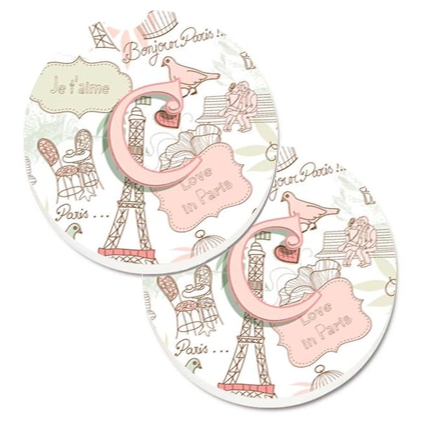 Carolines Treasures Carolines Treasures CJ2002-CCARC Letter C Love in Paris Pink Set of 2 Cup Holder Car Coaster - CJ2002-CCARC