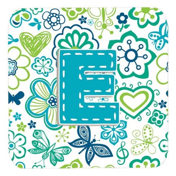 Carolines Treasures Letter E Flowers And Butterflies Teal Blue Foam Coasters- Set of 4 - CJ2006-EFC