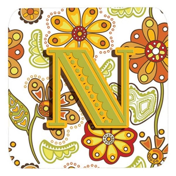 Carolines Treasures Letter N Floral Mustard And Green Foam Coasters- Set of 4 - CJ2003-NFC